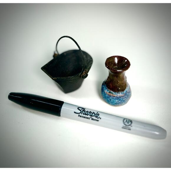 Miniature Lot, Cast Iron Coal Bucket + Rustic, glazed Stoneware Dollhouse Vase - Picture 2 of 6